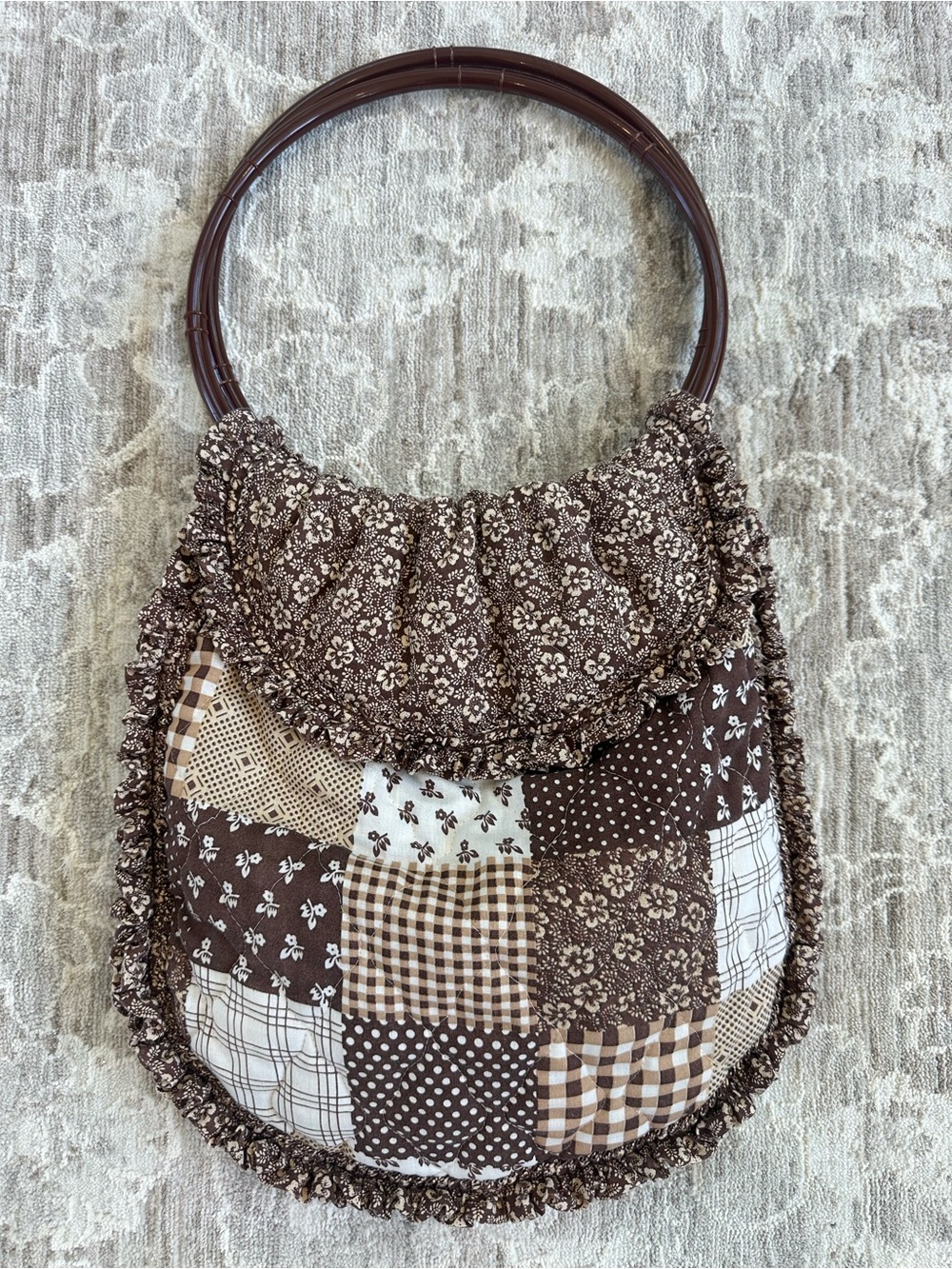 70s Vintage Brown Reversible Floral Gingham Patchwork Handmade Handbag Tote - Picture 2 of 6